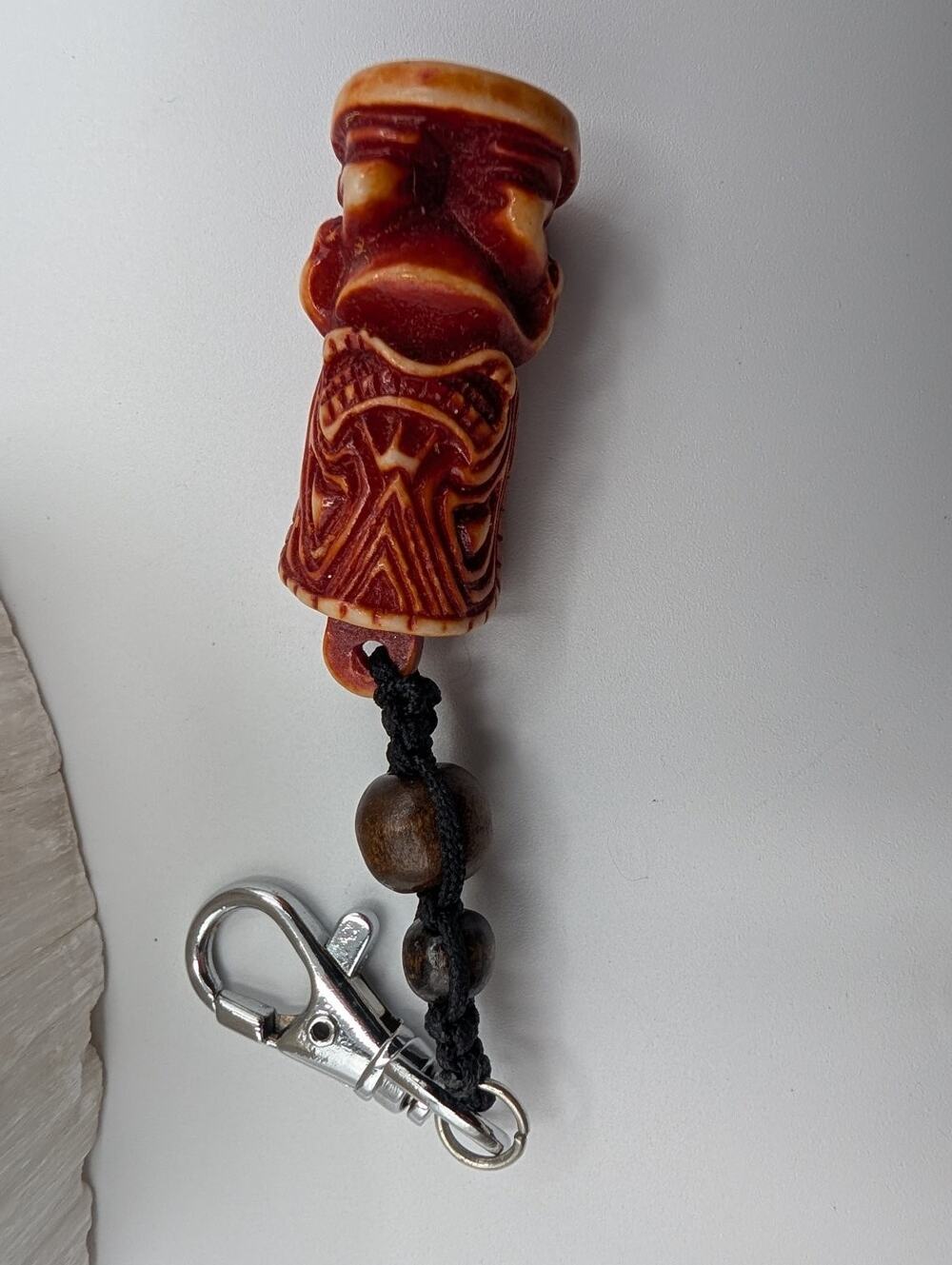 Tiki God Carved Figure Keychain Reddish Brown with Wooden Beads & Swivel Clasp